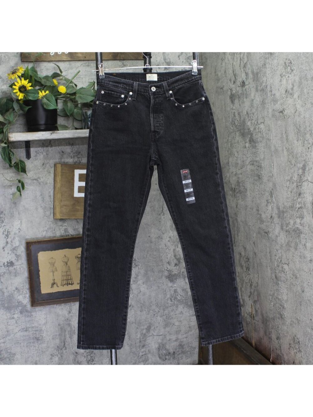 NEW Levi's Original 501 Straight Jeans Button Fly Studded Pocket Black 28x30